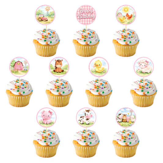 Pink Farm theme Cupcake Toppers – Pack of 10
