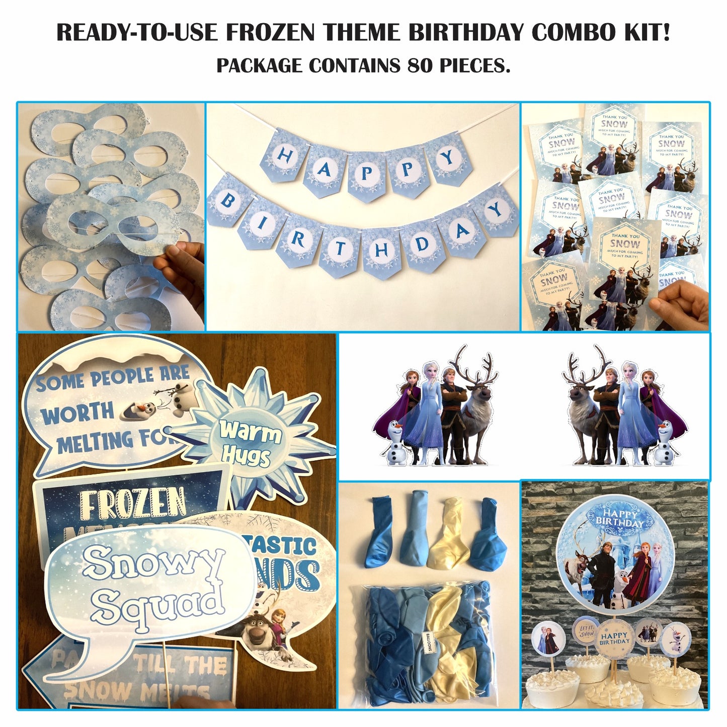 Ready-to-use Frozen theme birthday combo kit.