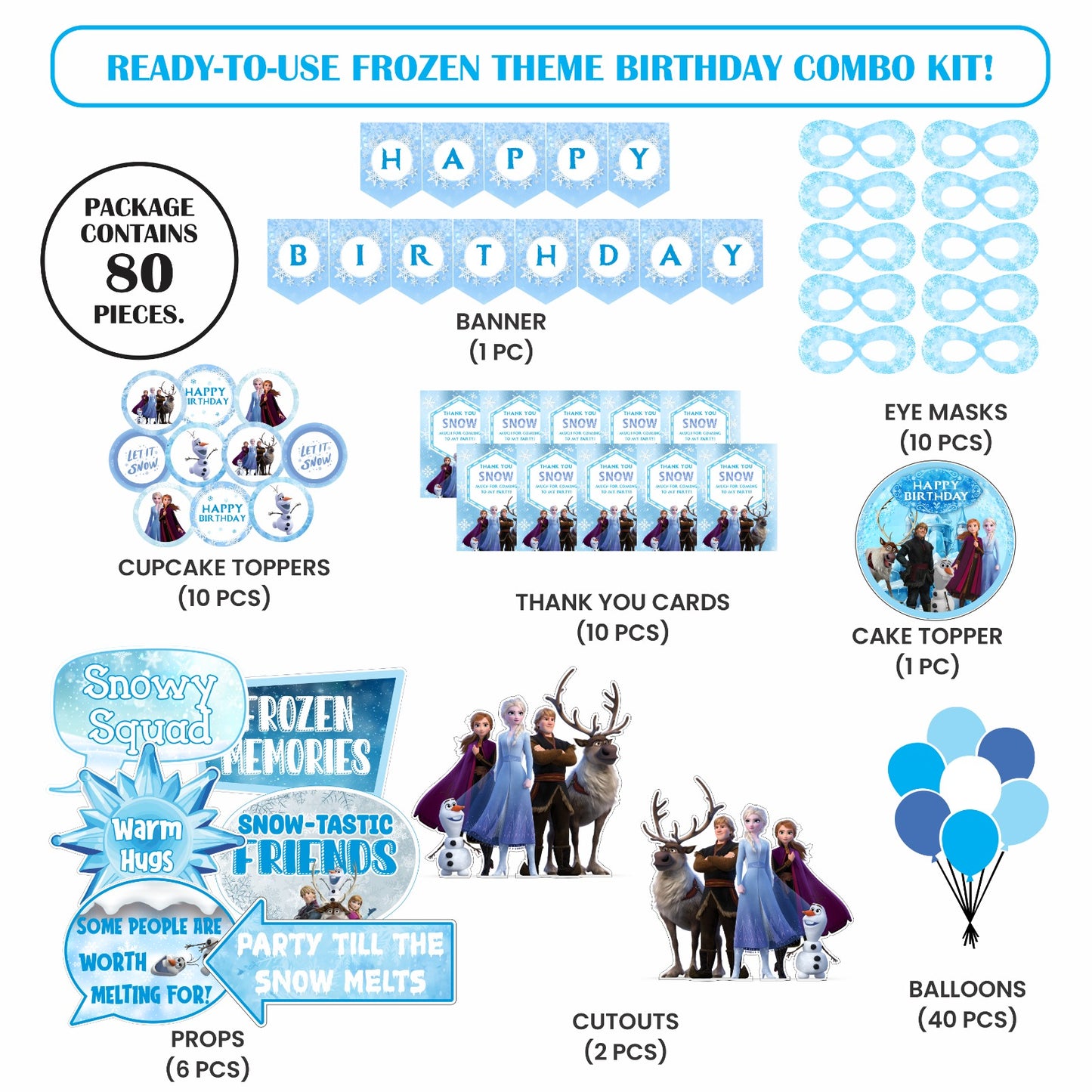 Ready-to-use Frozen theme birthday combo kit.