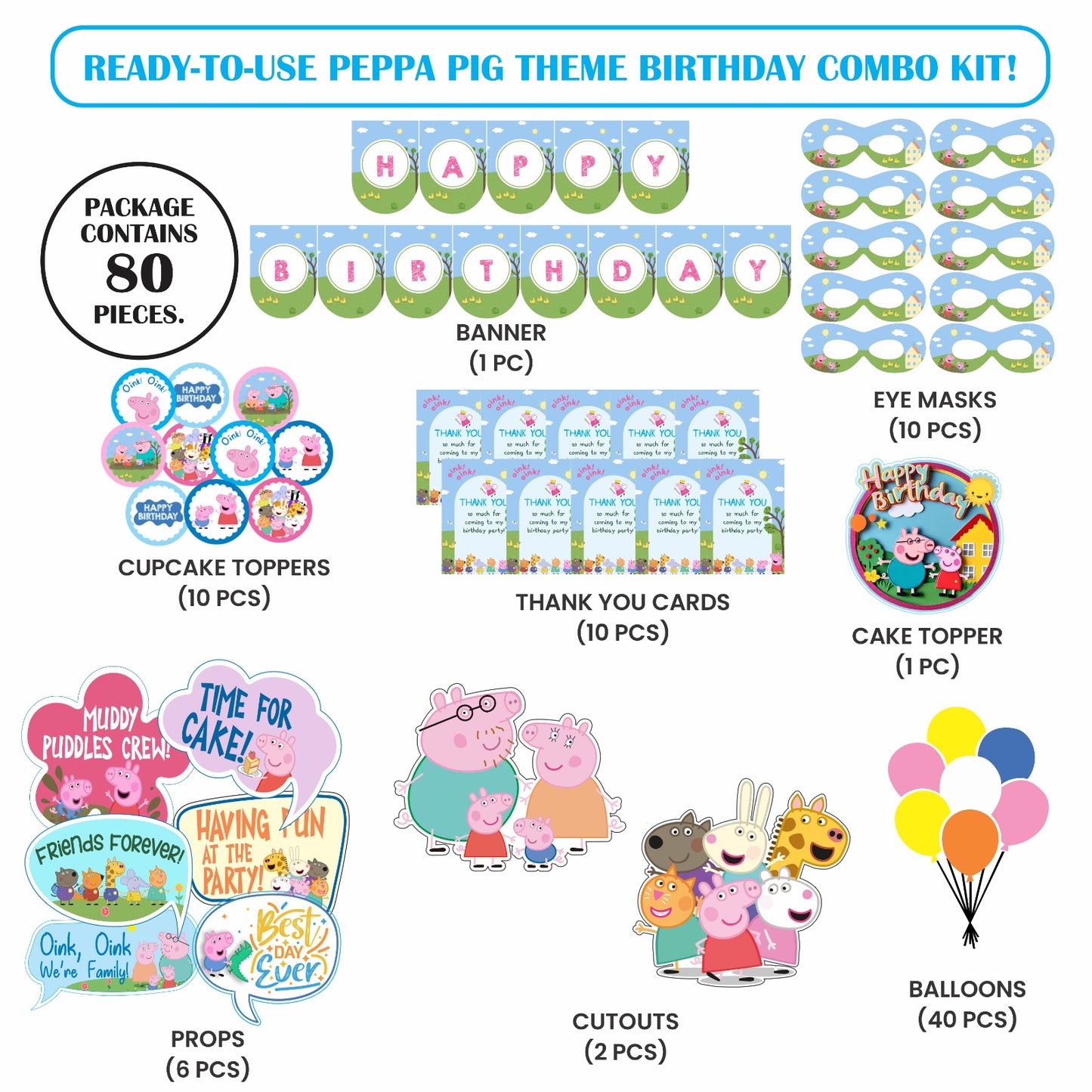 Ready-to-use Peppa Pig theme birthday combo kit.