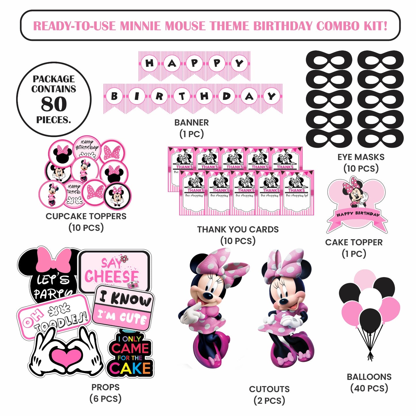 Ready-to-use Minnie Mouse theme birthday combo kit.