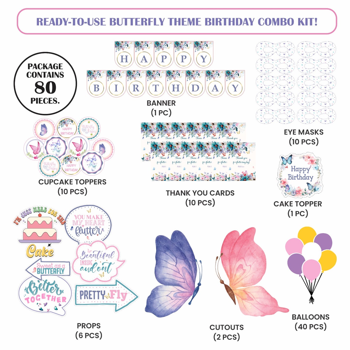 Ready-to-use Butterfly theme birthday combo kit.