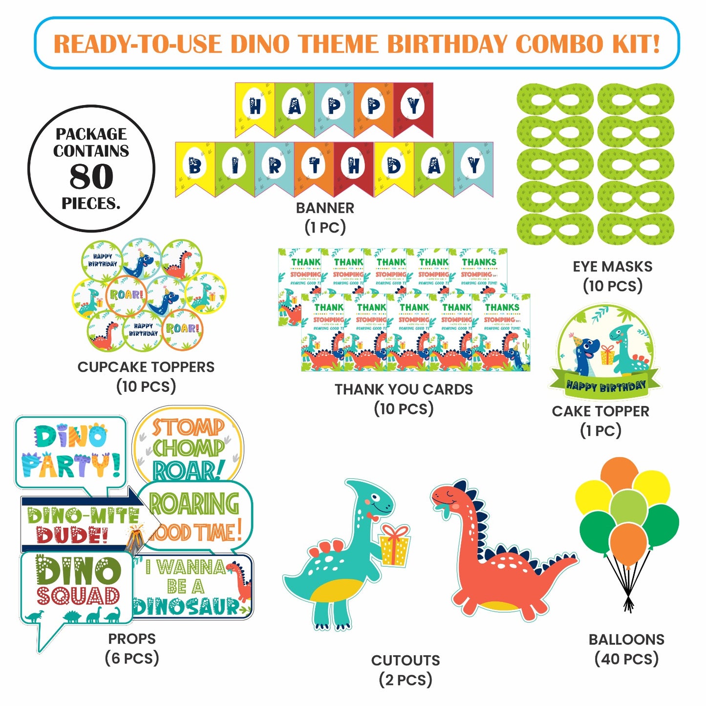 Ready-to-use Dino theme birthday combo kit.