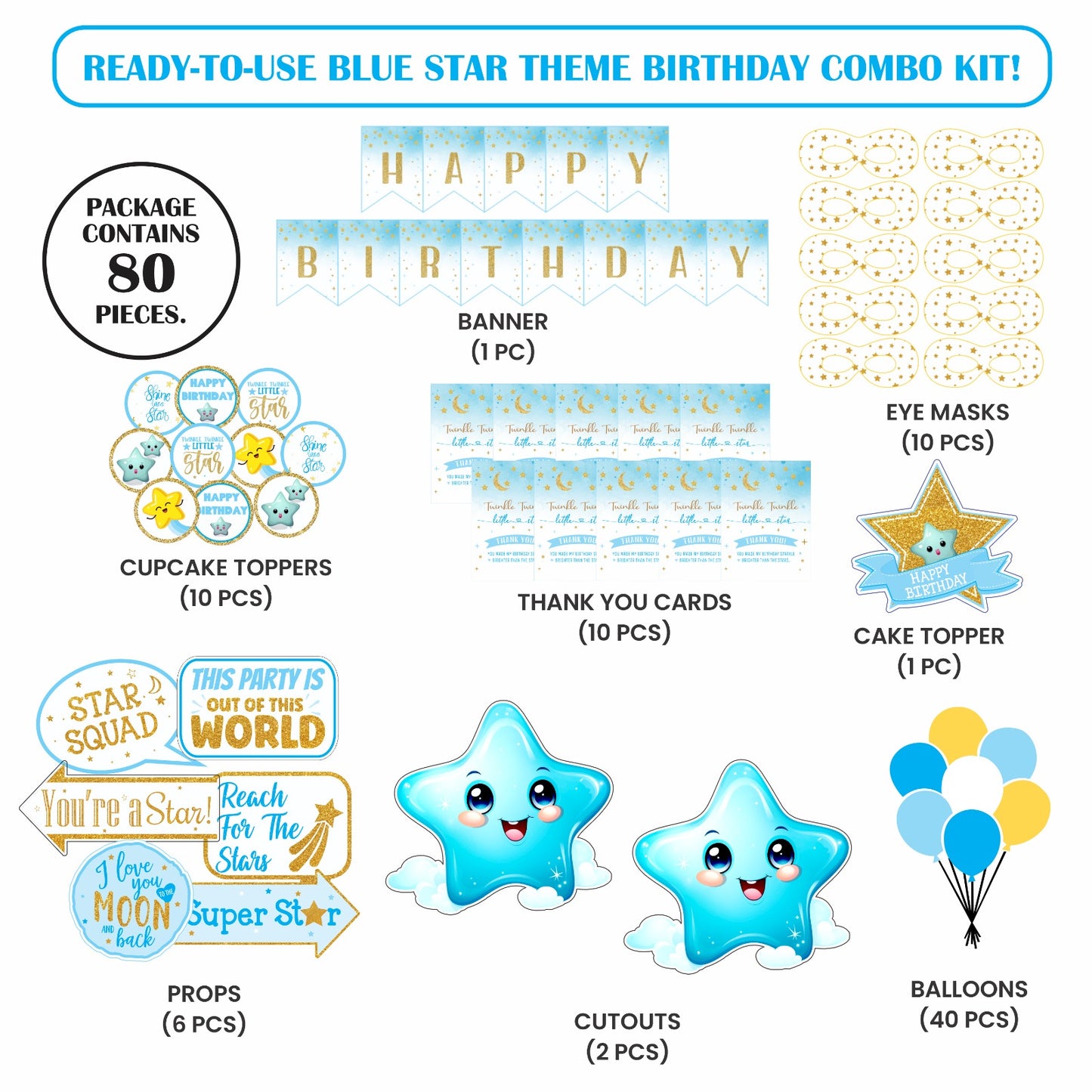Ready-to-use Blue Star theme birthday combo kit.