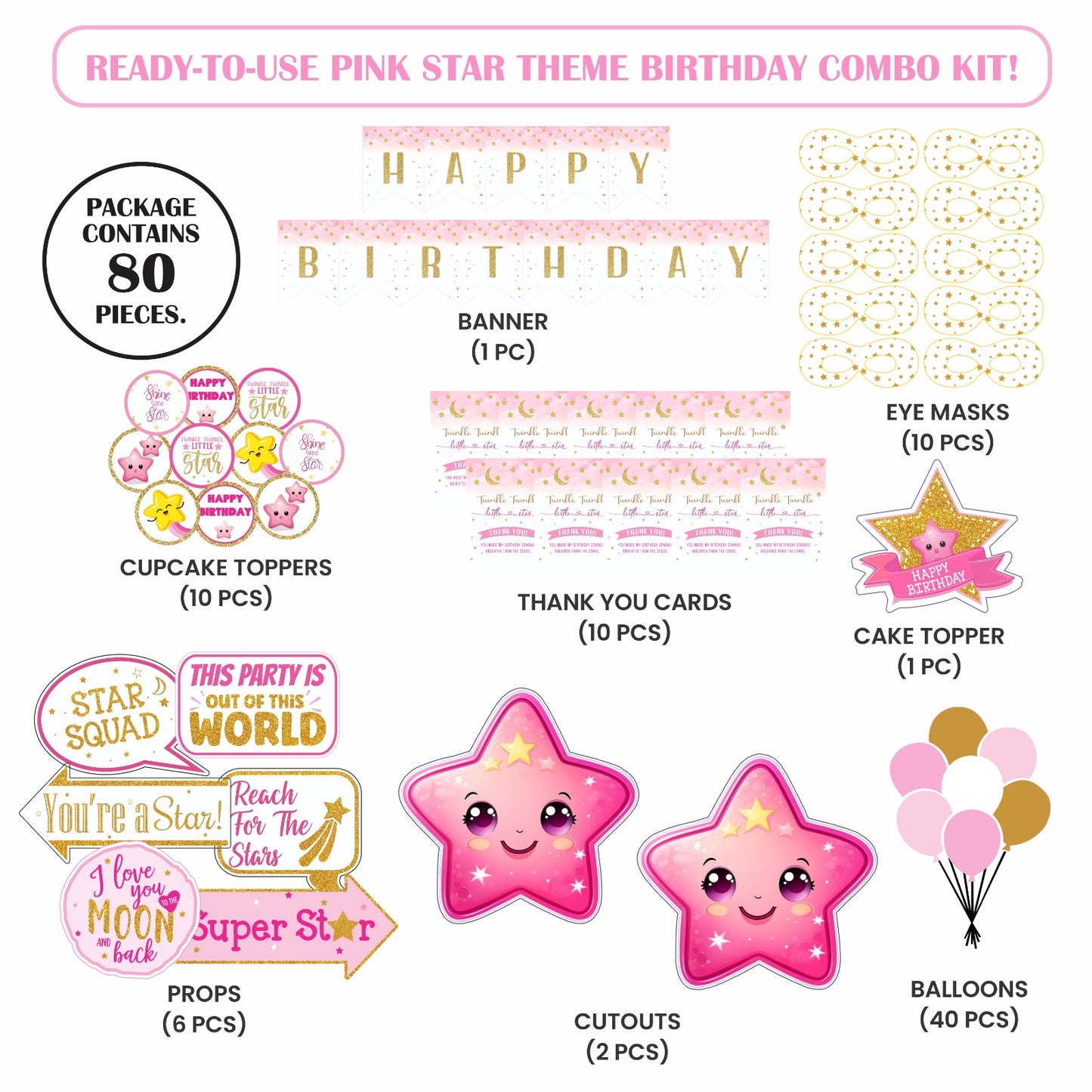 Ready-to-use Pink Star theme birthday combo kit.