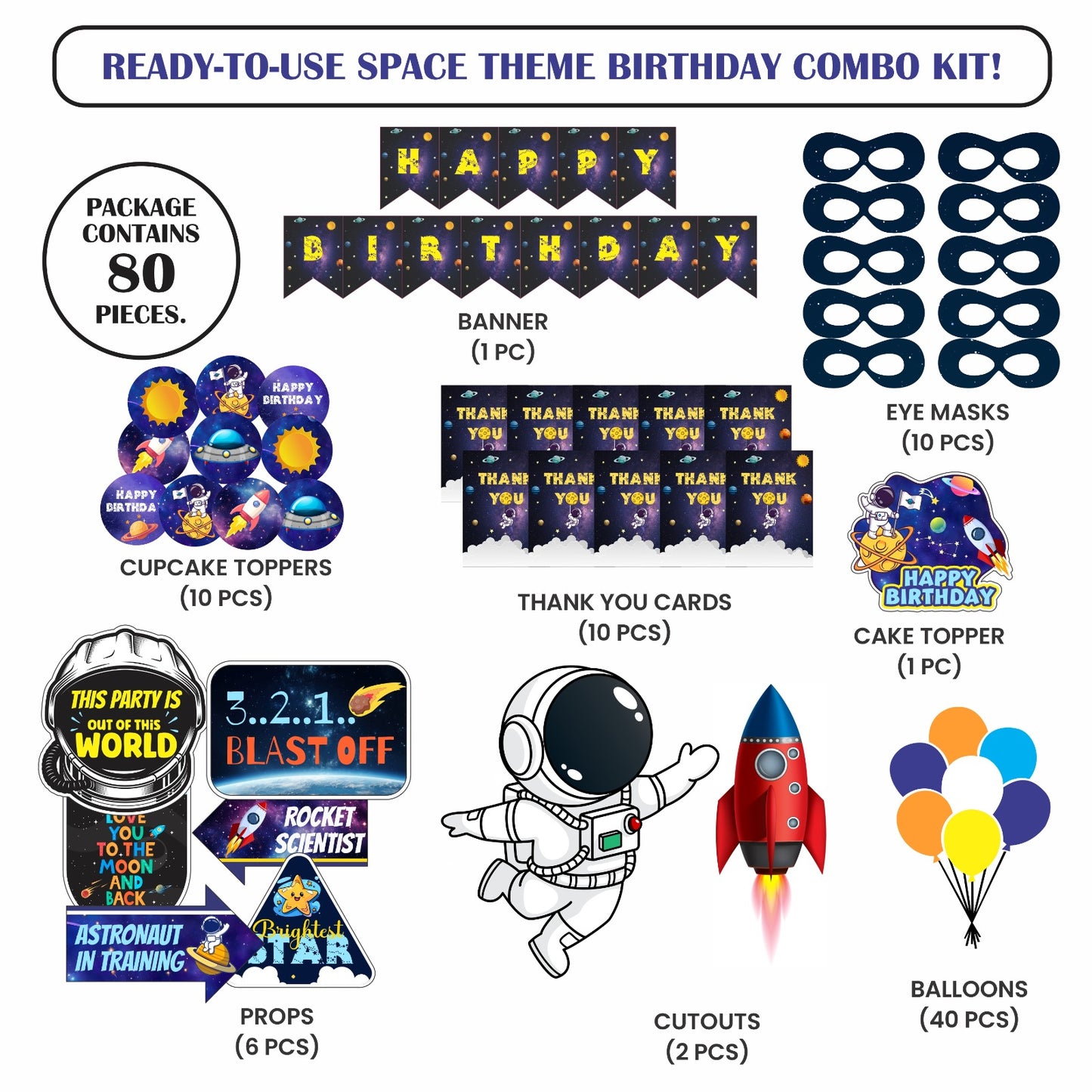 Ready-to-use Space theme birthday combo kit.