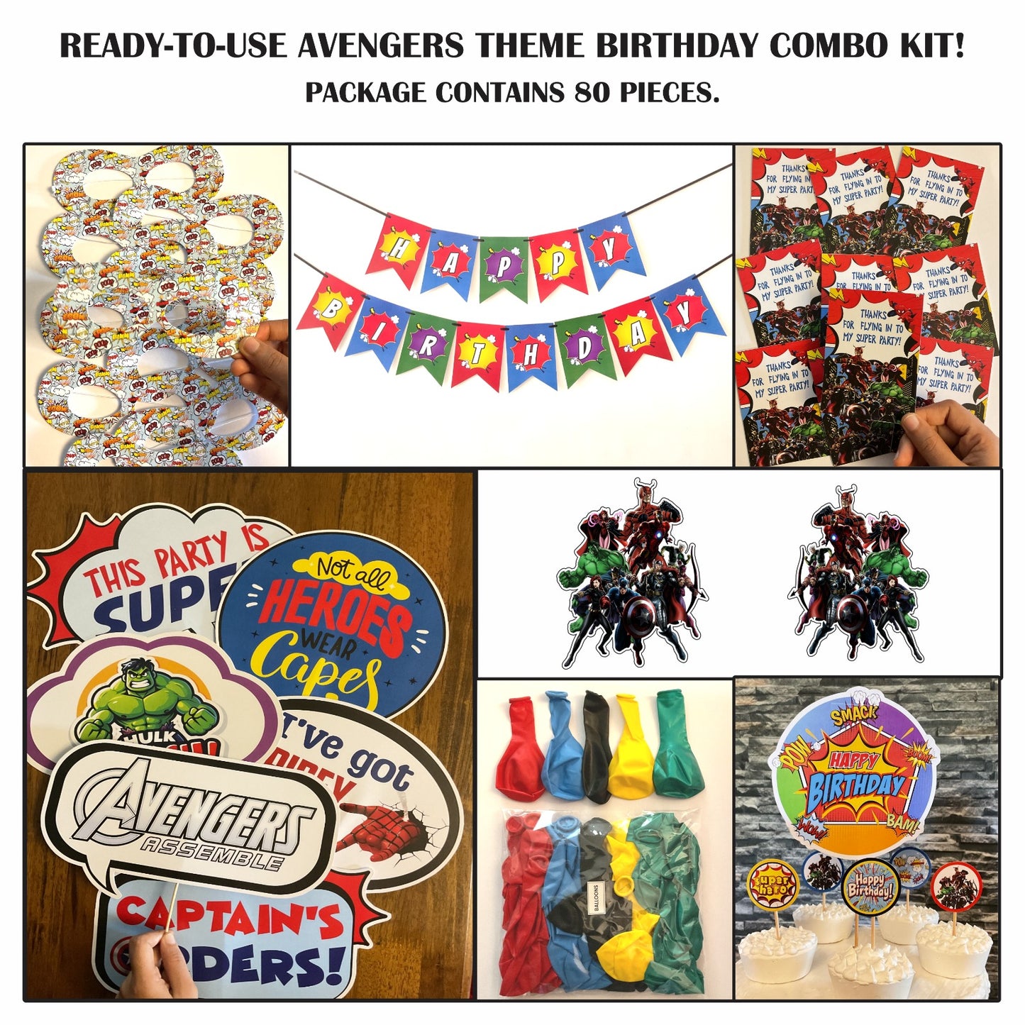 Ready-to-use Avengers theme birthday combo kit.
