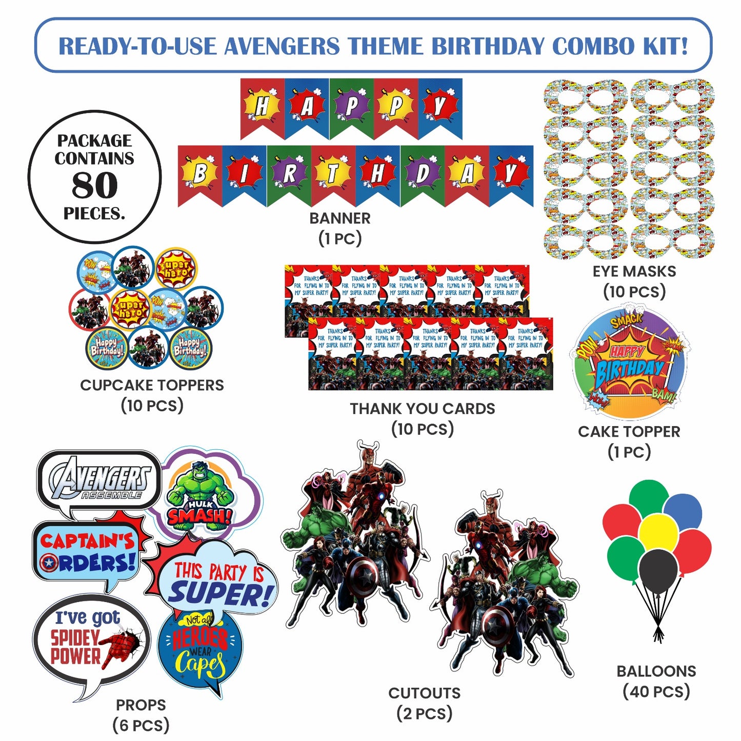Ready-to-use Avengers theme birthday combo kit.