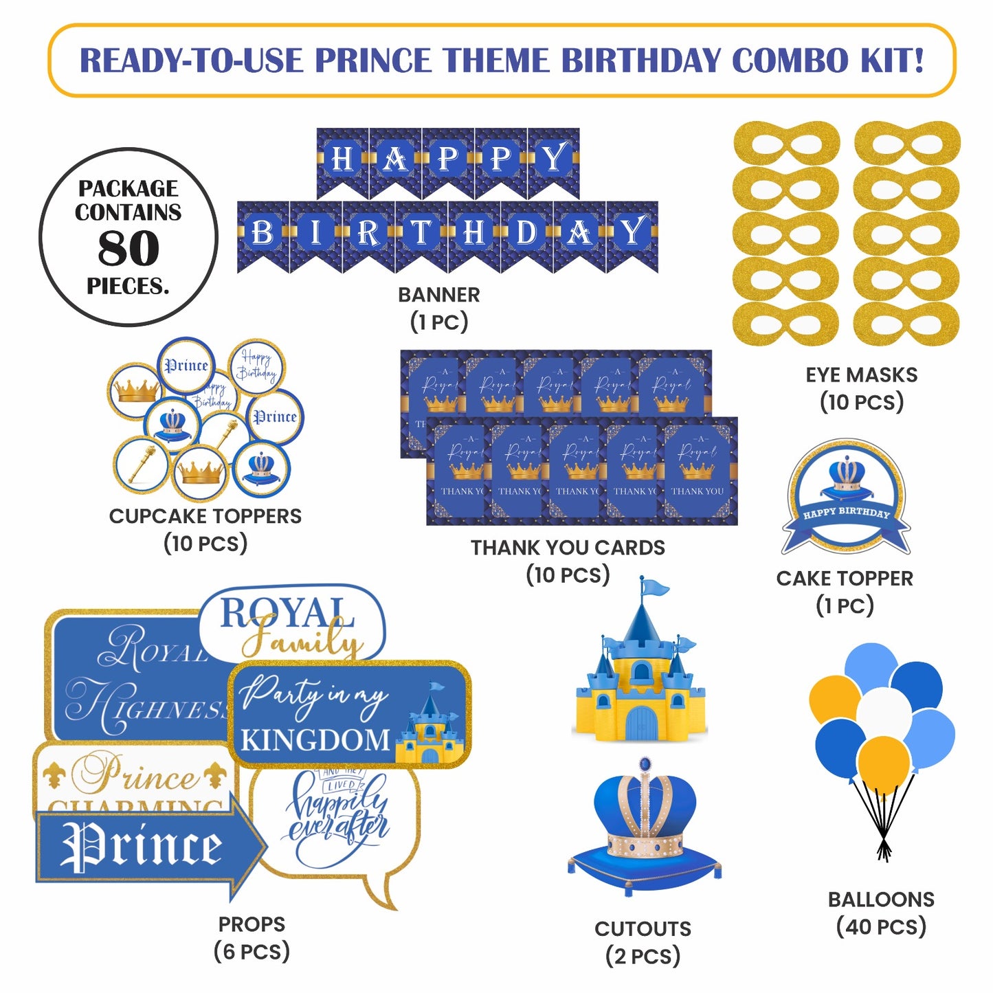Ready-to-use prince theme birthday combo kit.