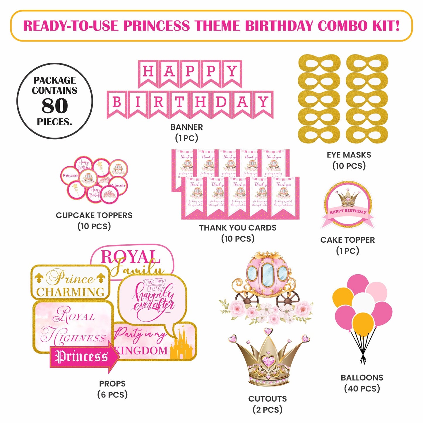 Ready-to-use princess theme birthday combo kit.