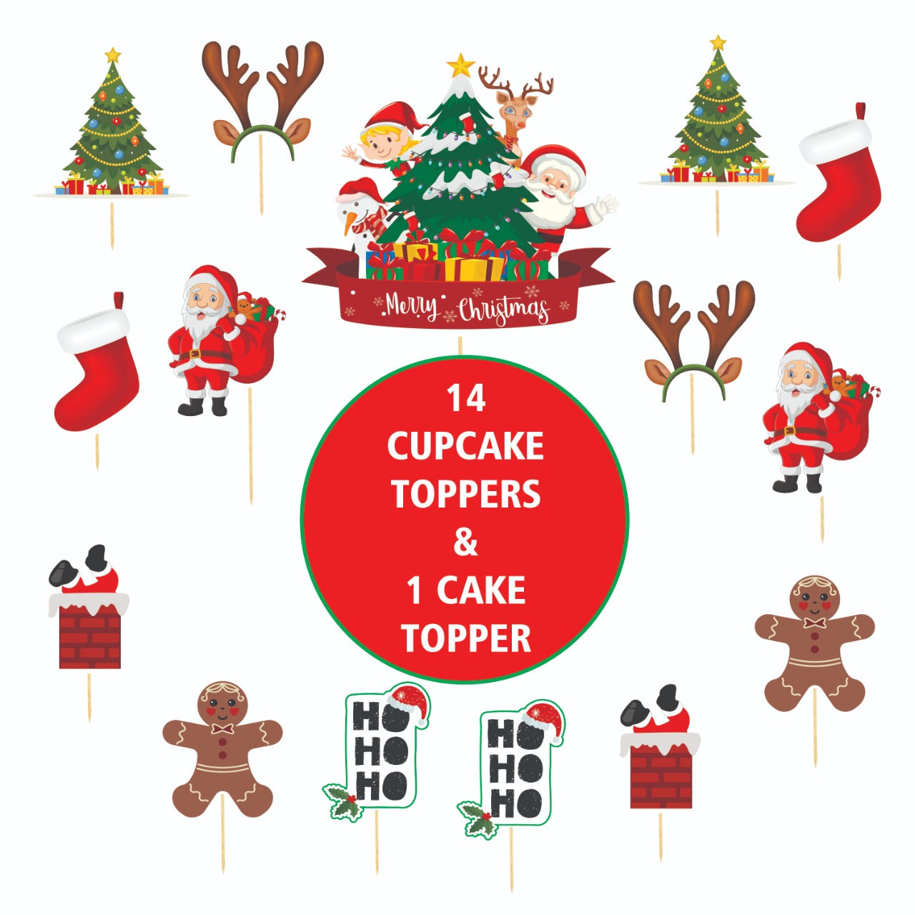 Christmas Cake & Cupcake Toppers set – Pack of 15