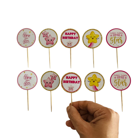 Pink Star theme Cupcake Toppers – Pack of 10
