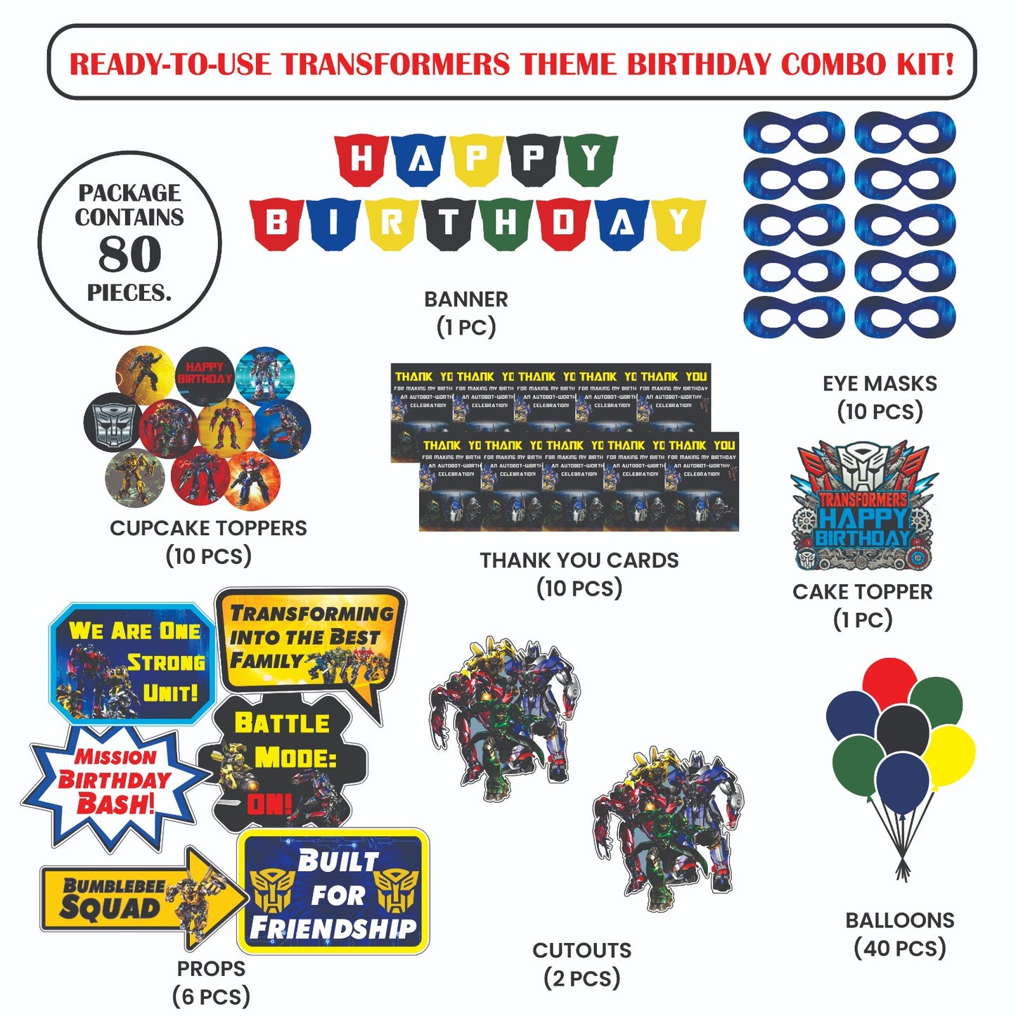 Ready-to-use Transformers theme birthday combo kit.