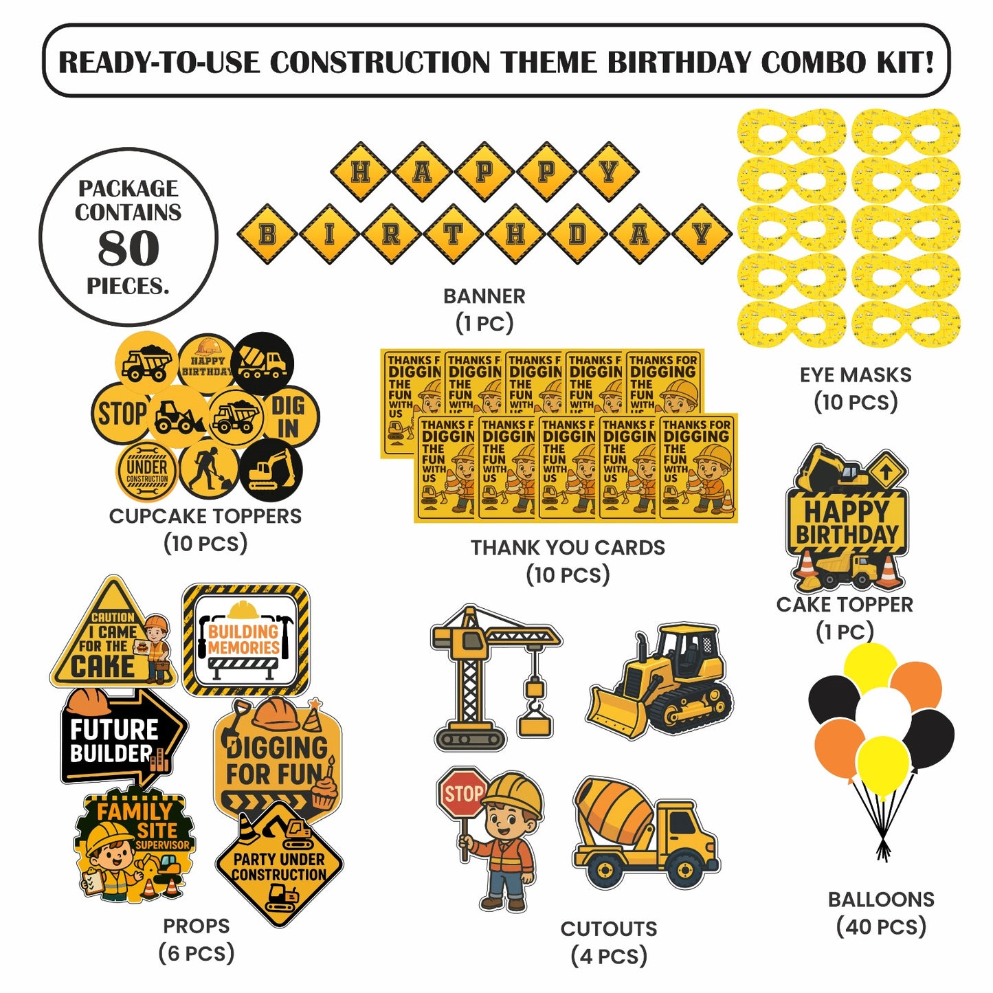 Ready-to-use Construction theme birthday combo kit