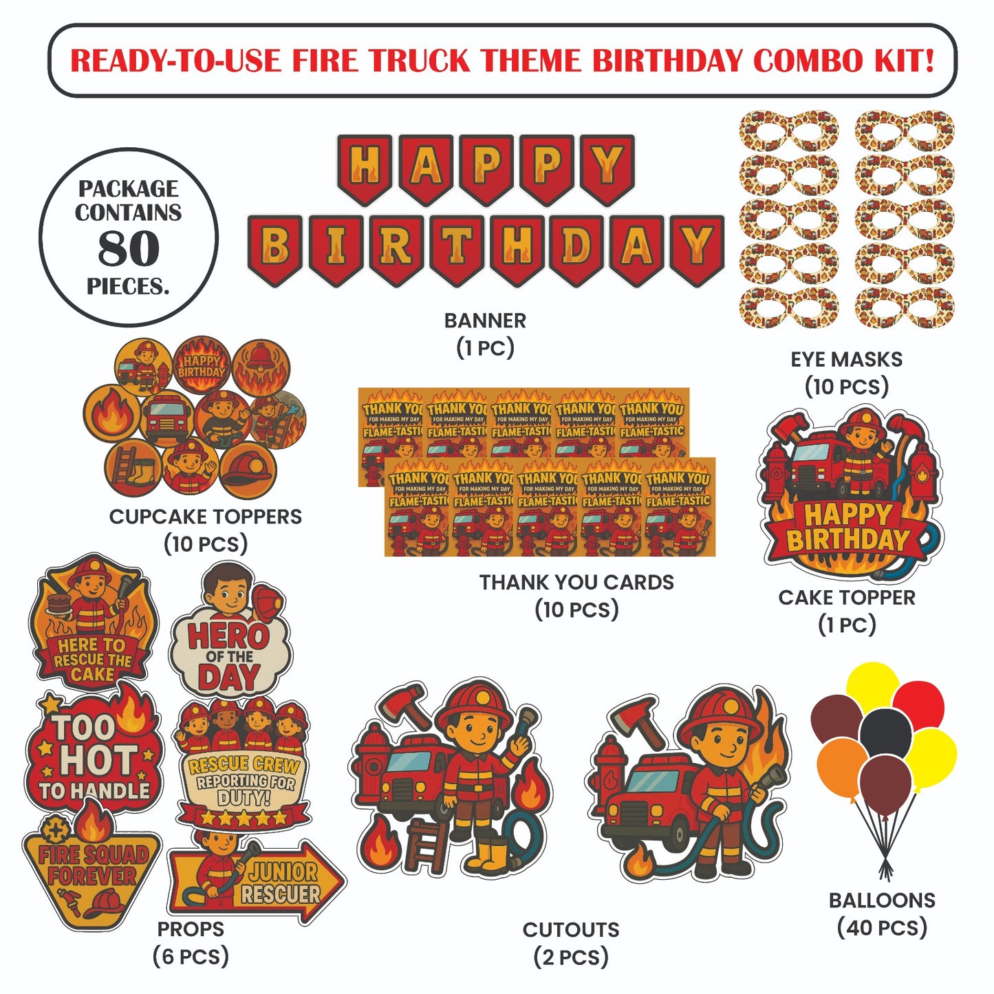 Ready-to-use Fire Truck theme birthday combo kit