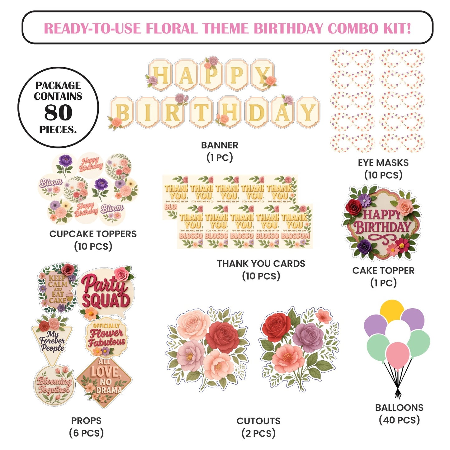 Ready-to-use Floral theme birthday combo kit