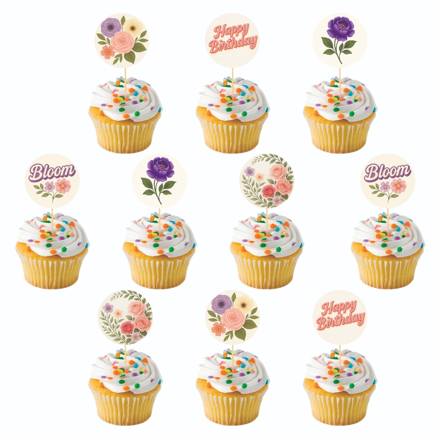 Floral theme Cupcake Toppers – Pack of 10
