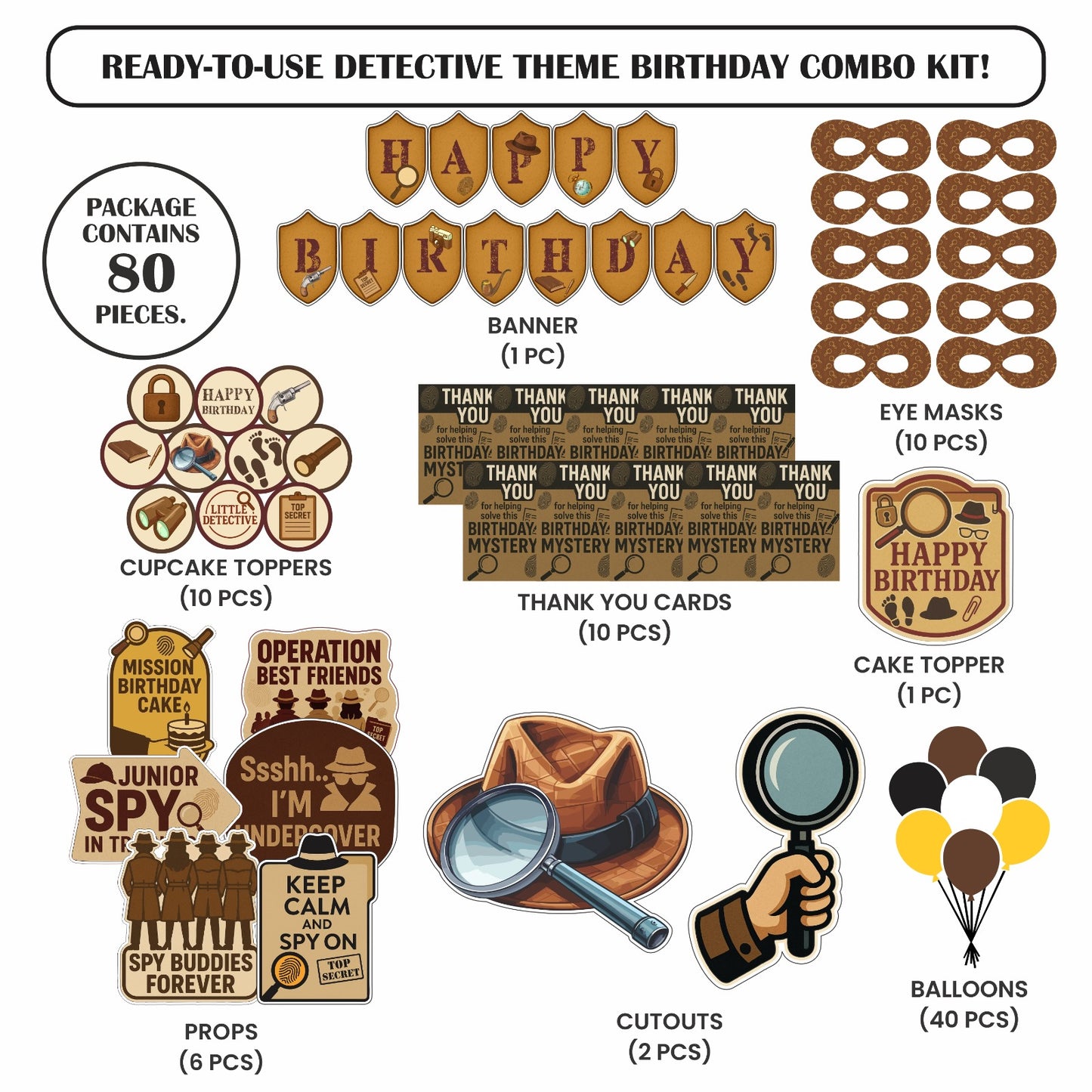 Ready-to-use Detective theme birthday combo kit