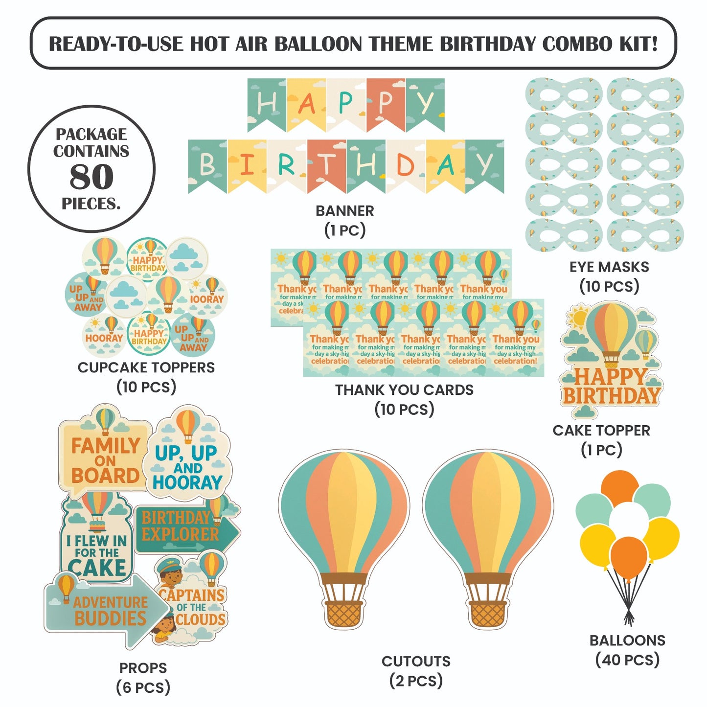 Ready-to-use Hot Air Balloon theme birthday combo kit