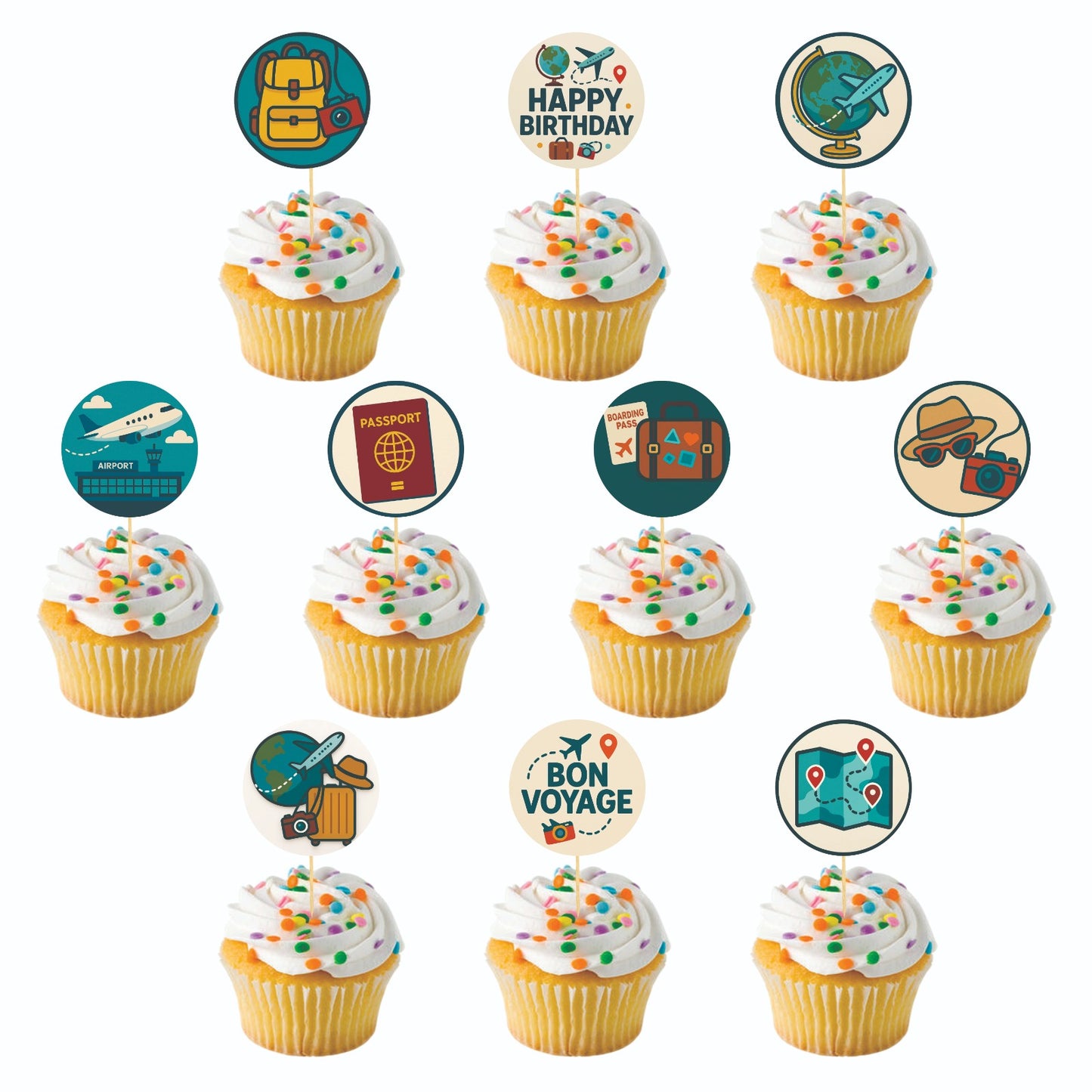 Travel theme Cupcake Toppers – Pack of 10