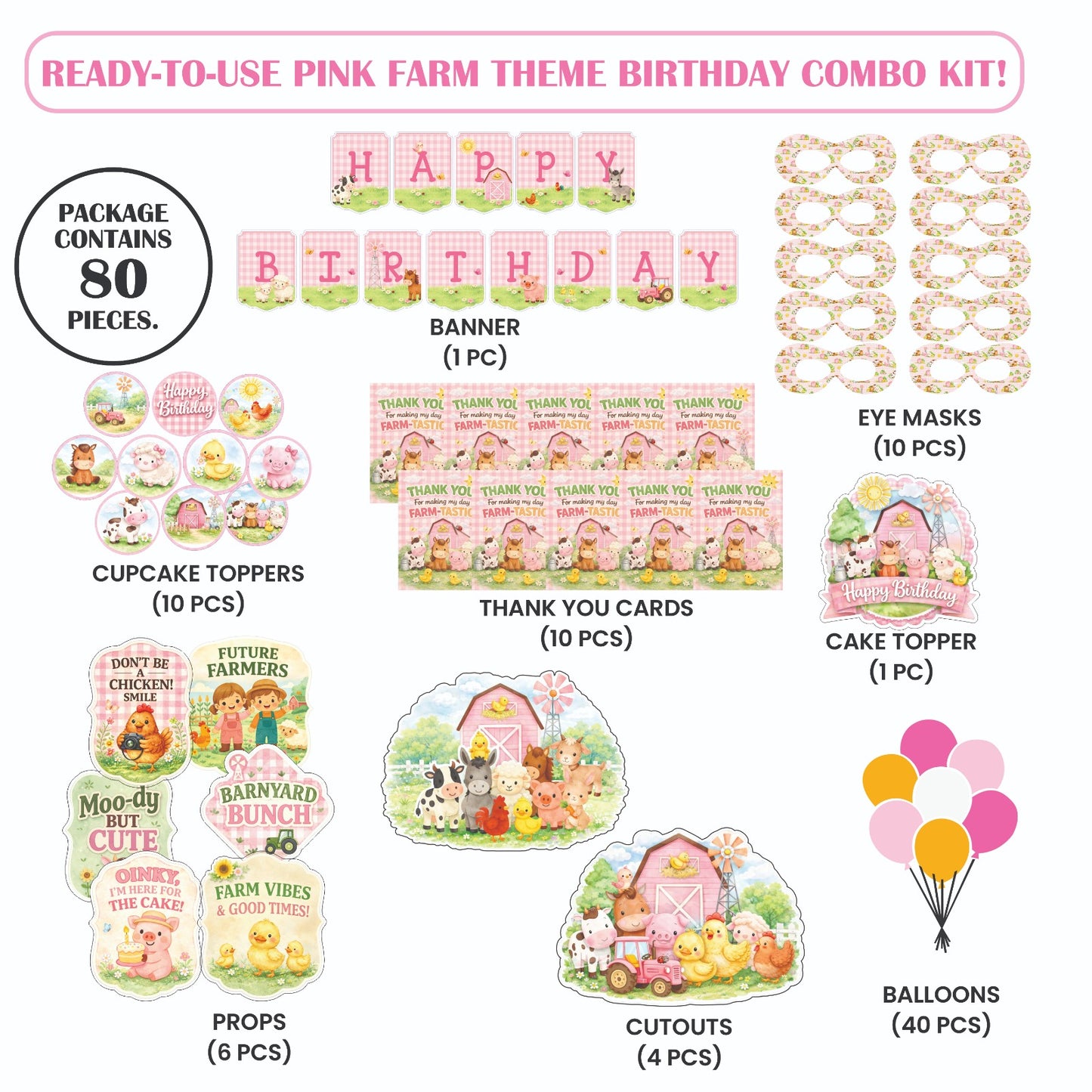 🎉 Complete Pink Farm Theme Decoration Kit (80 Pcs)