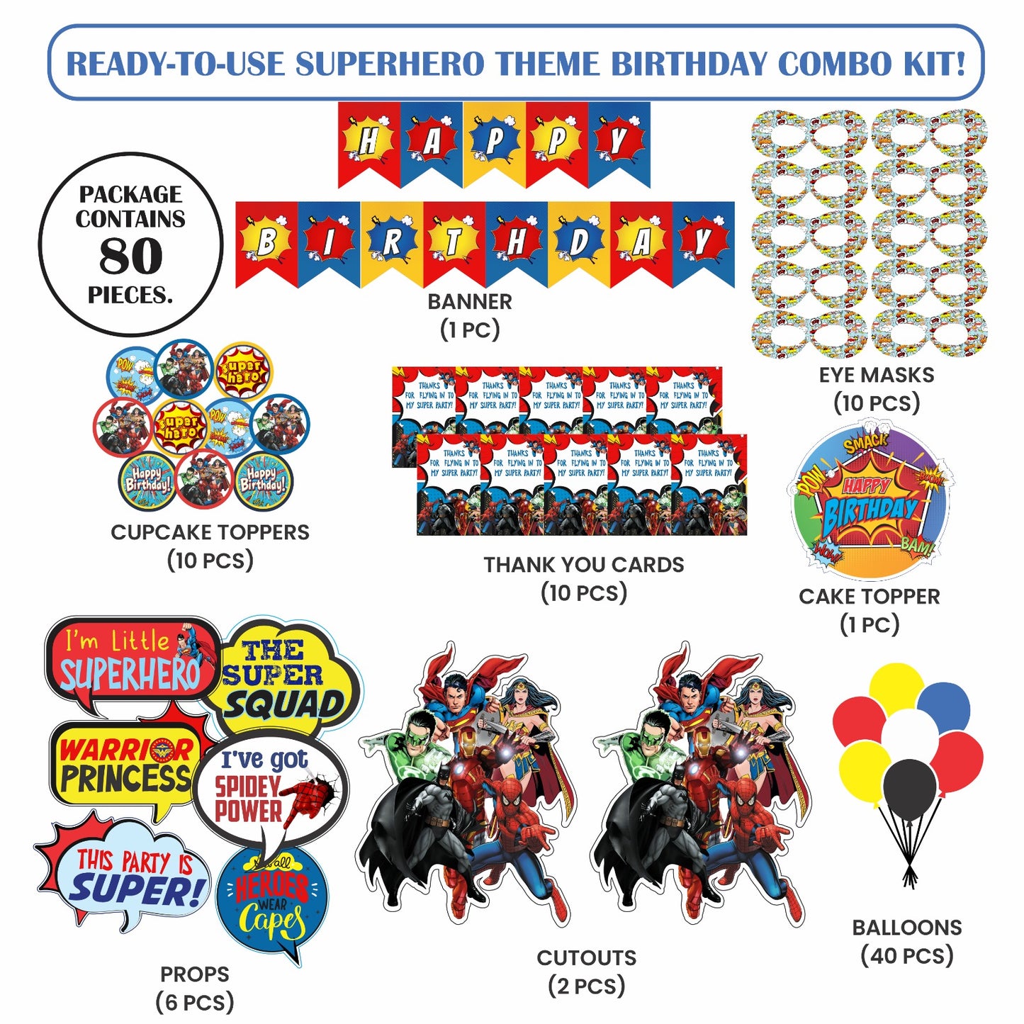 Ready-to-use Super Hero theme birthday combo kit.
