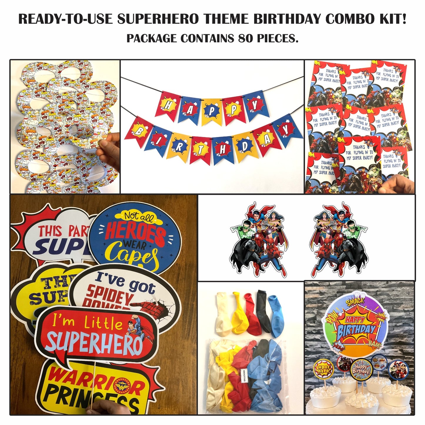 Ready-to-use Super Hero theme birthday combo kit.