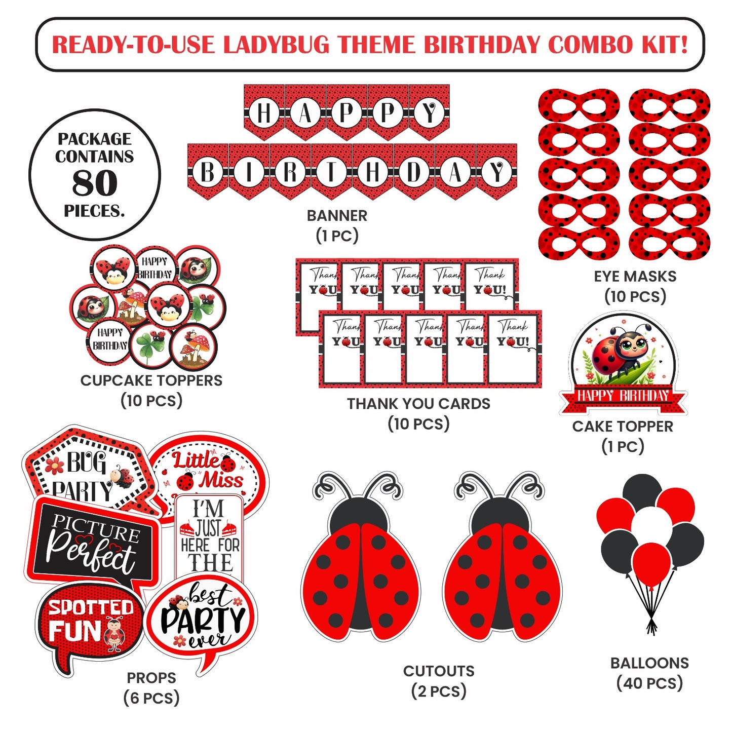 Ready-to-use LadyBug theme birthday combo kit.