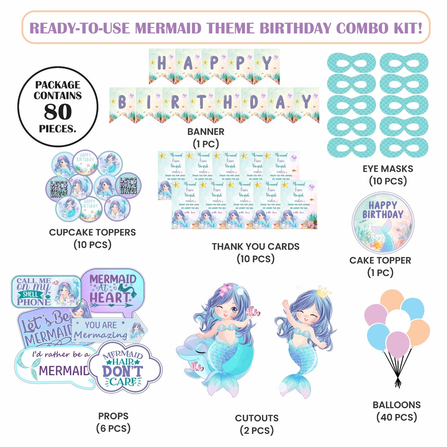 Ready-to-use Mermaid theme birthday combo kit.