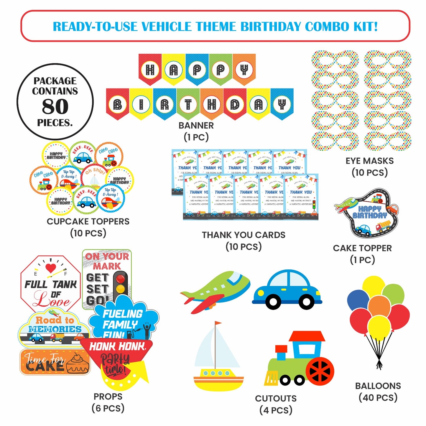 Ready-to-use Vehicle theme birthday combo kit.