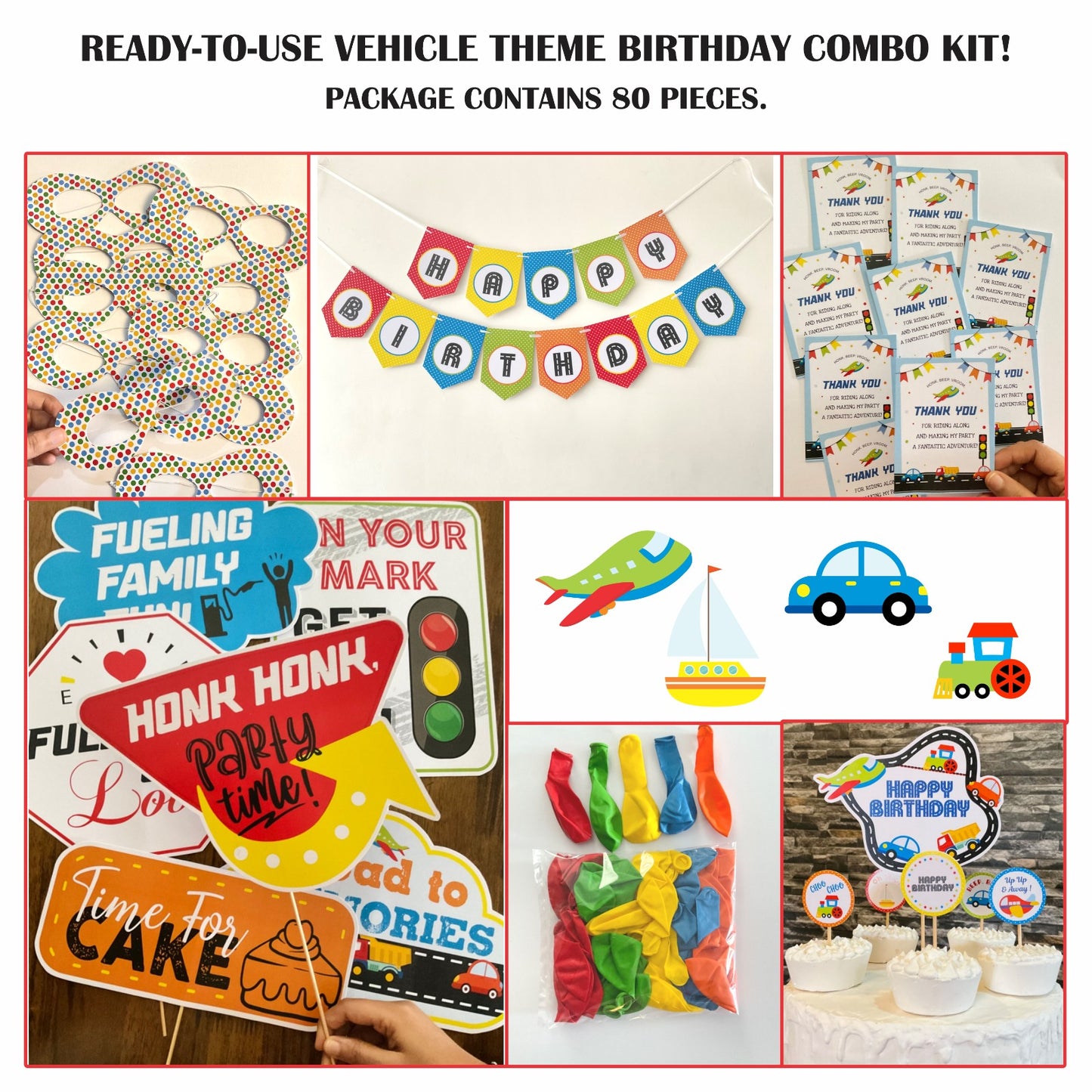 Ready-to-use Vehicle theme birthday combo kit.