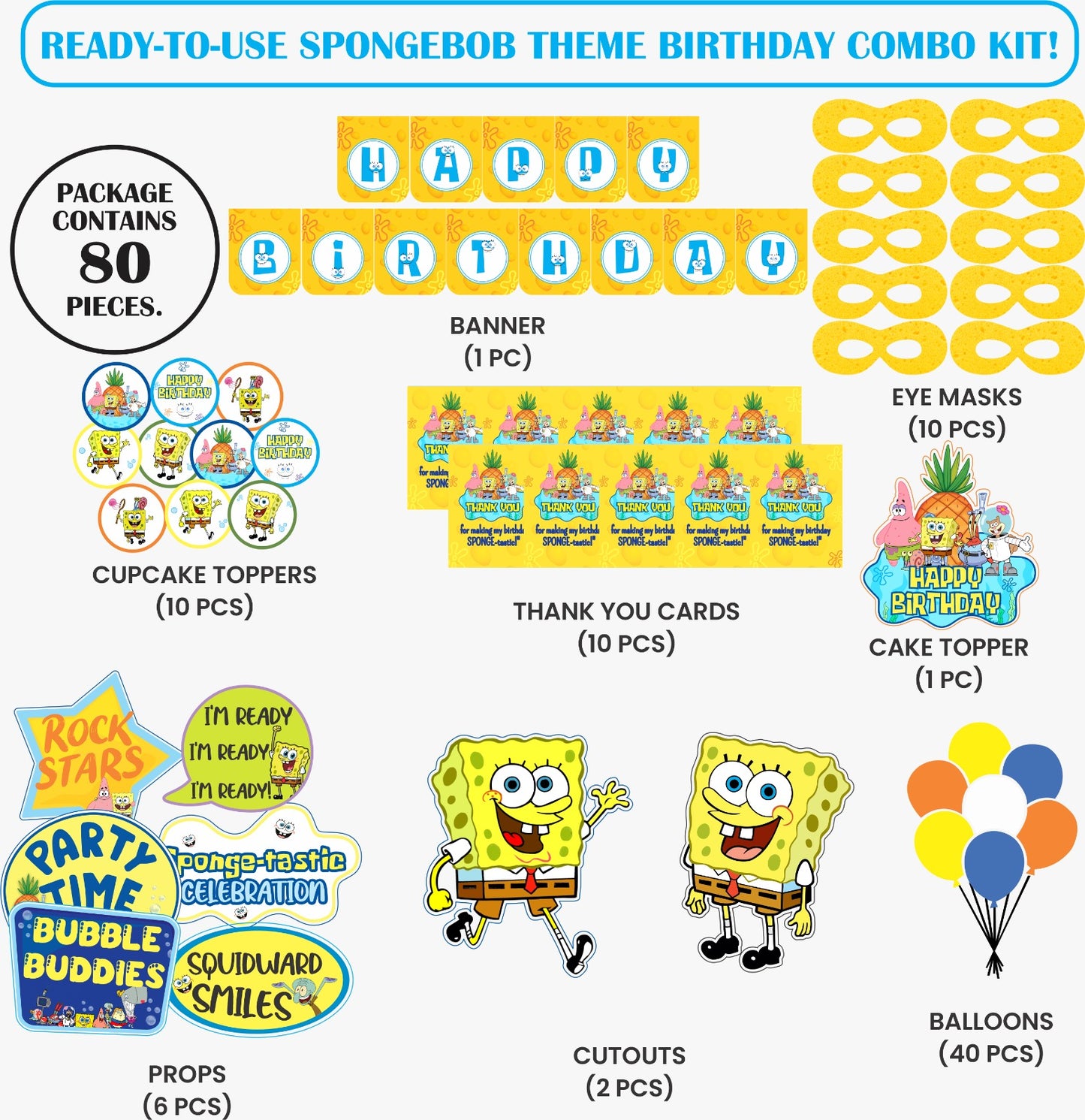 Ready-to-use Sponge Bob theme birthday combo kit.
