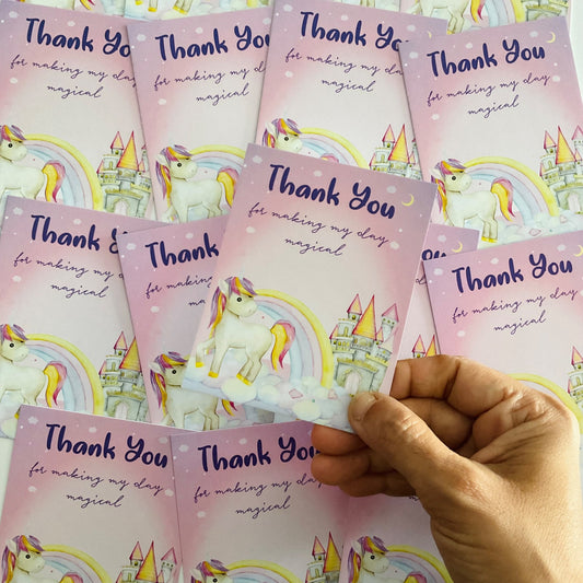 Unicorn theme thank you card.