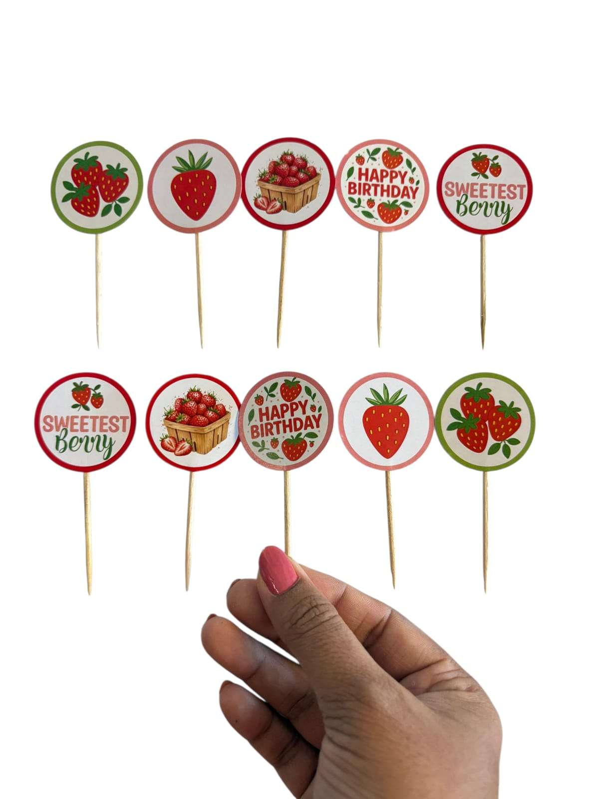 Strawberry theme Cupcake Toppers – Pack of 10
