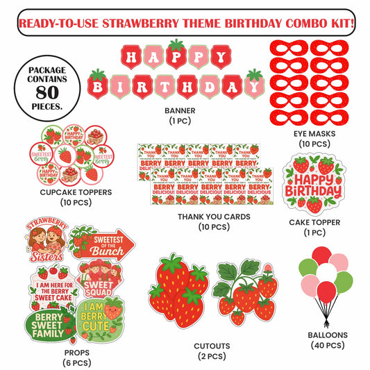 🎉 Complete Strawberry Theme Decoration Kit (80 Pcs)