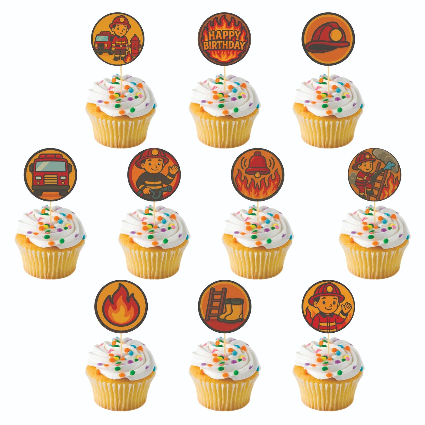 Fire Truck theme Cupcake Toppers – Pack of 10