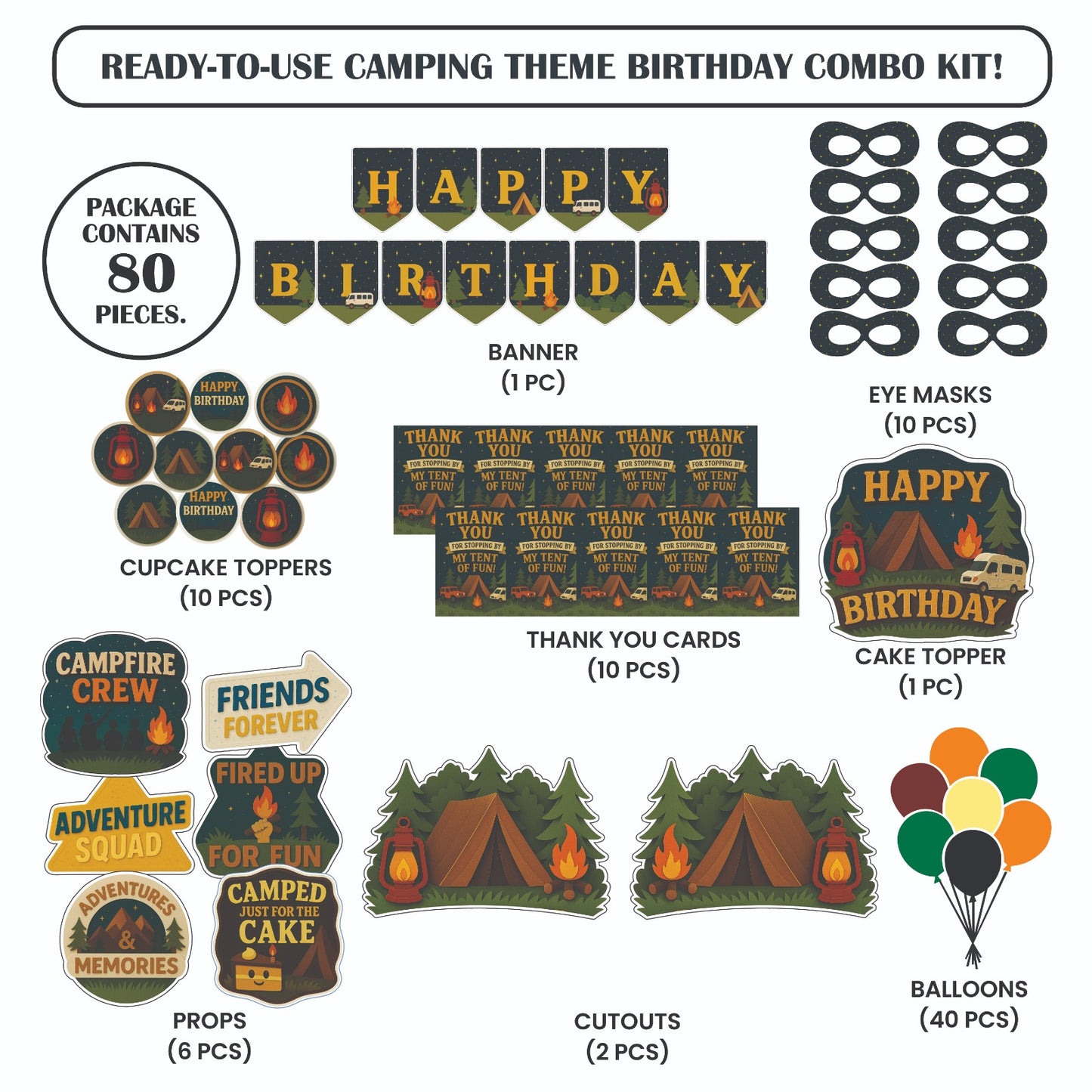 Ready-to-use Camping theme birthday combo kit