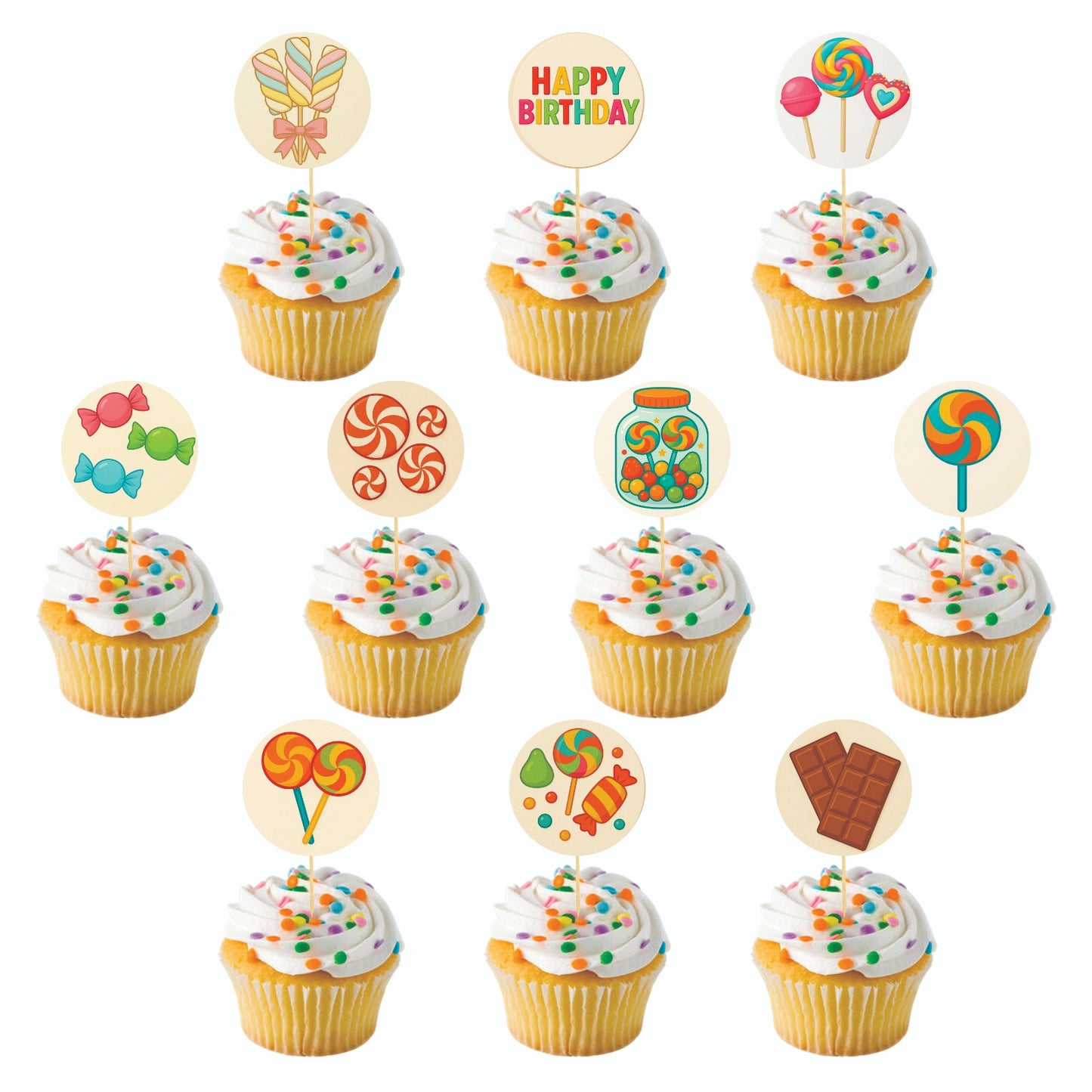 Candy Land theme Cupcake Toppers – Pack of 10
