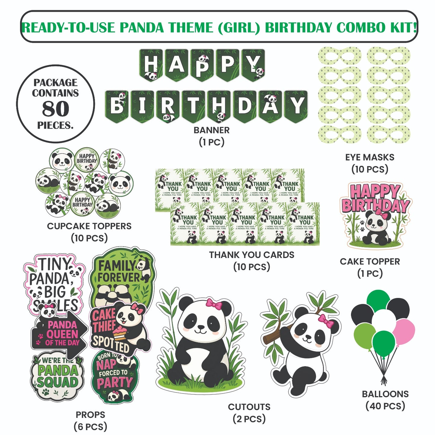 Ready-to-use Panda Girl theme birthday combo kit