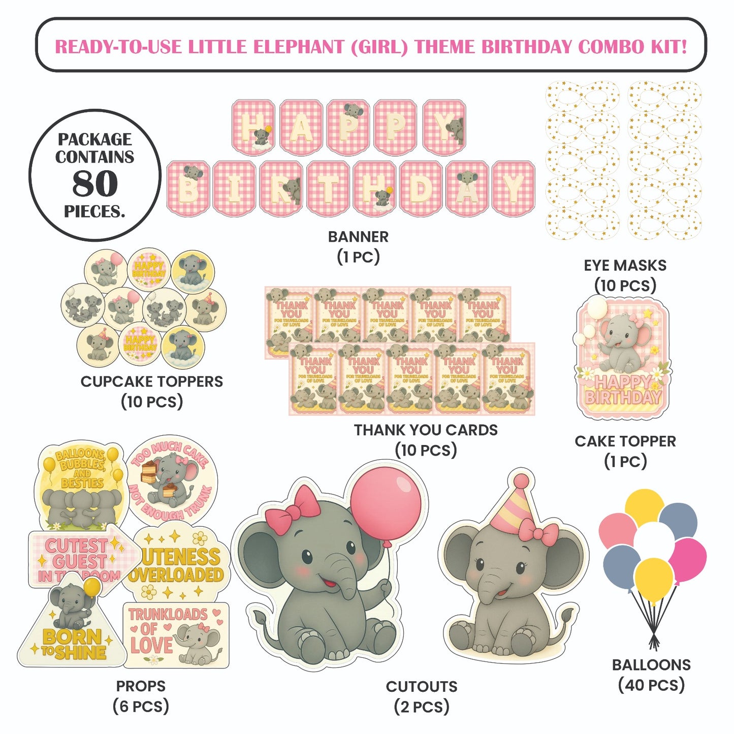 Ready-to-use Little elephant Girl theme birthday combo kit
