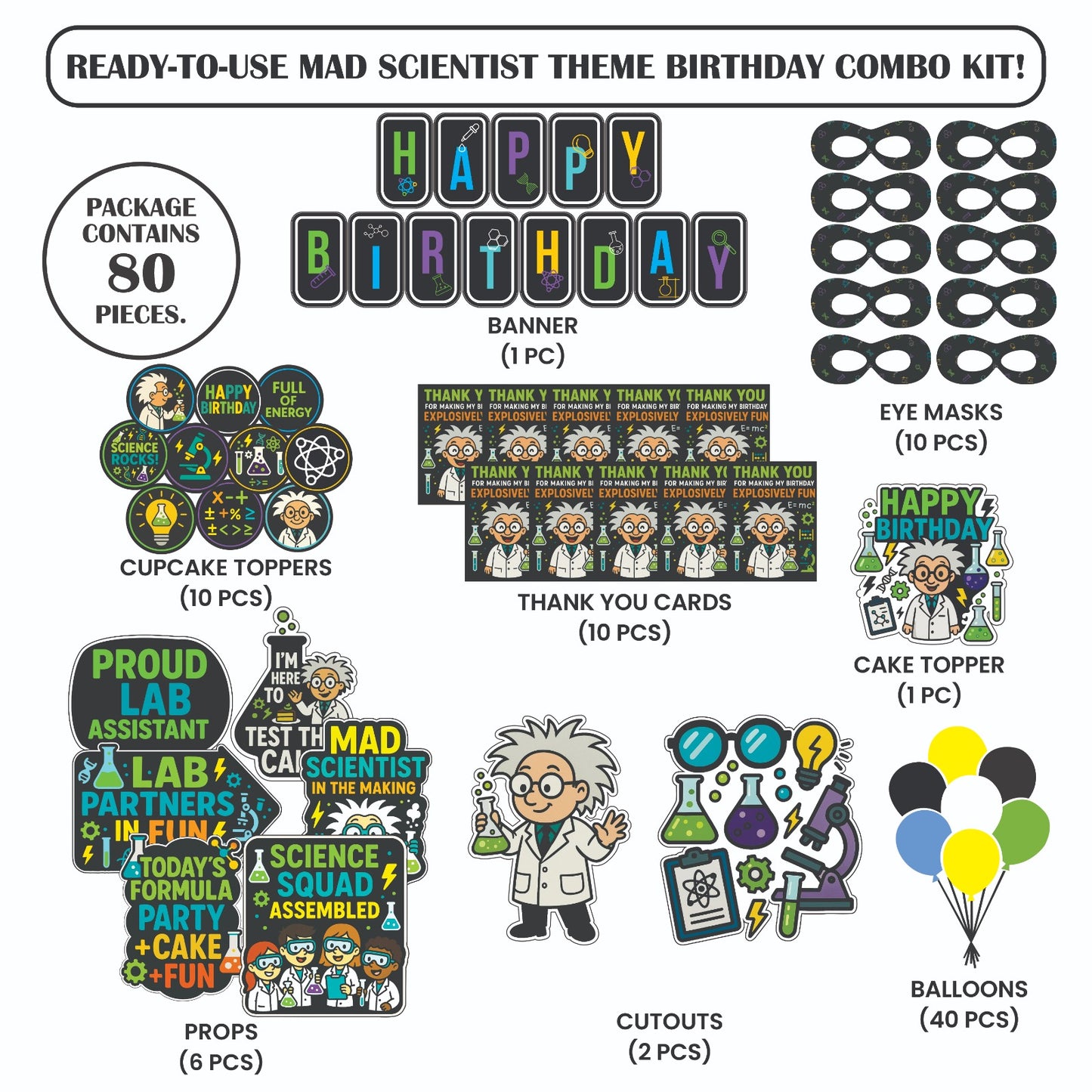 Ready-to-use Mad Scientist theme birthday combo kit