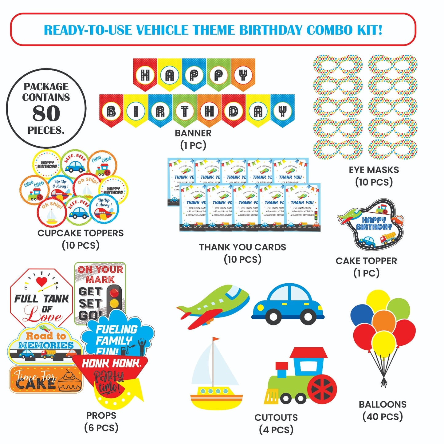 Ready-to-use Vehicle theme birthday combo kit.