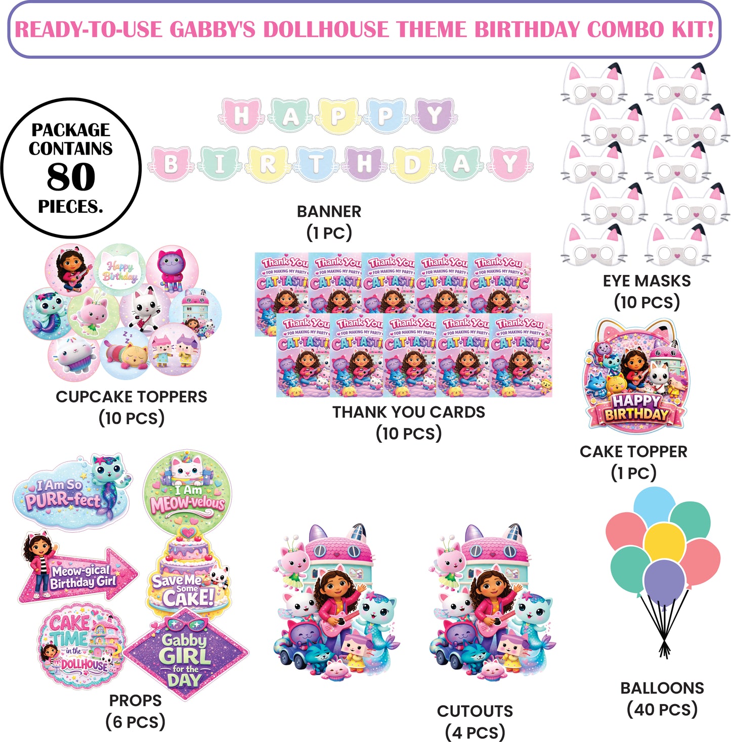 🎉 Complete Gabby's Dollhouse Theme Decoration Kit (80 Pcs)